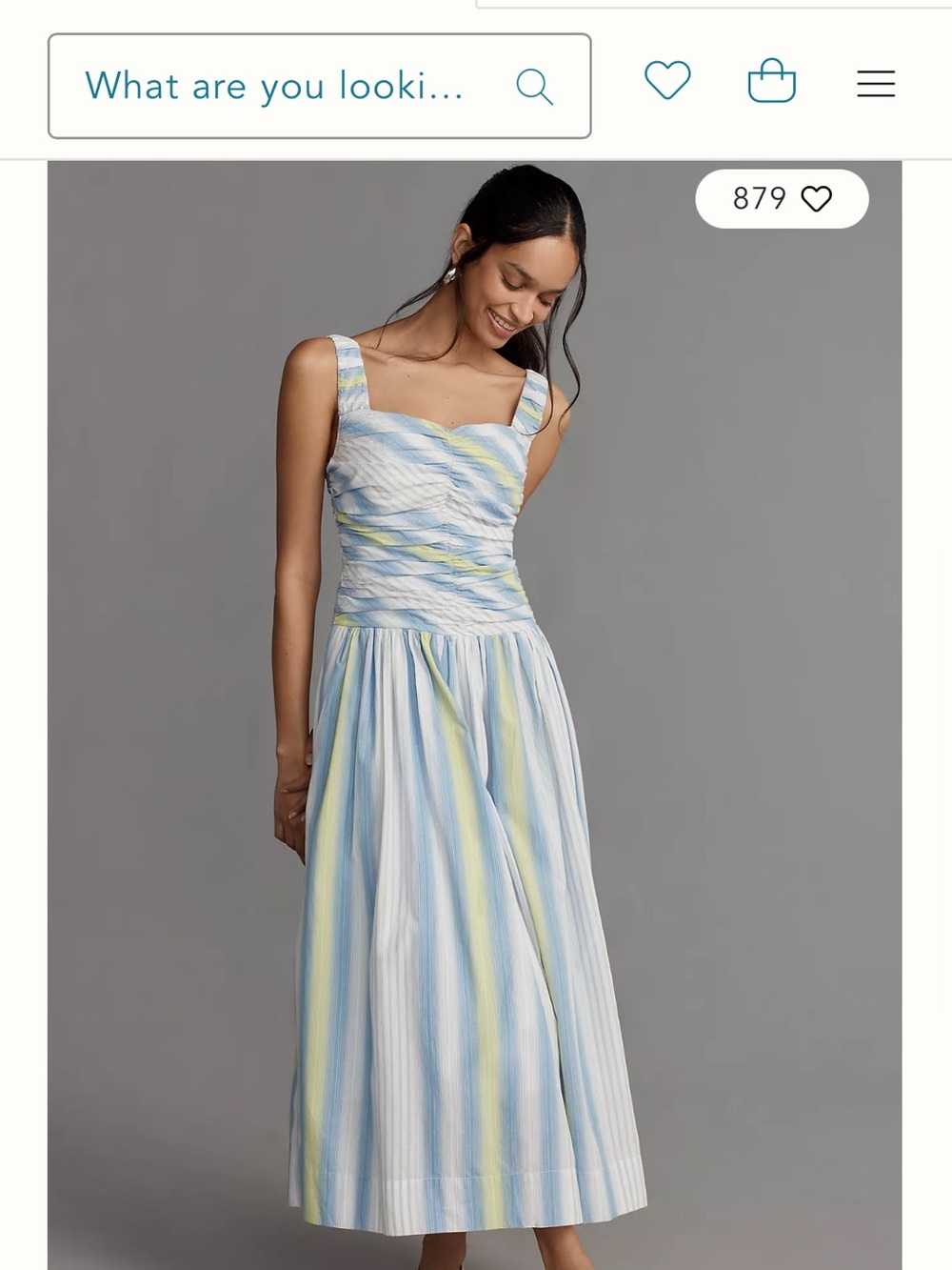 Anthropologie Blue and Yellow Striped Square-Neck Midi Dress
